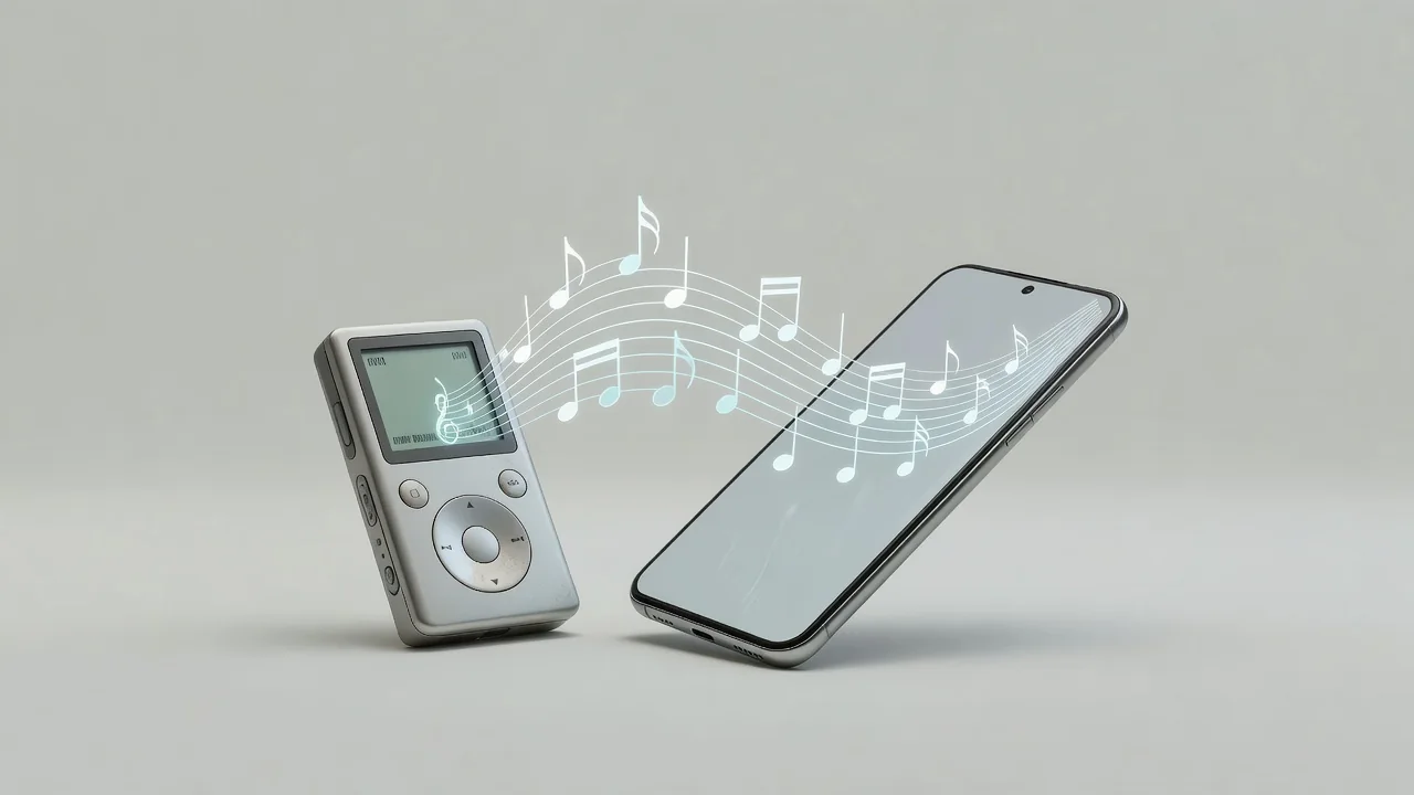 Reproductor de música y auriculares sobre escritorio con notas musicales