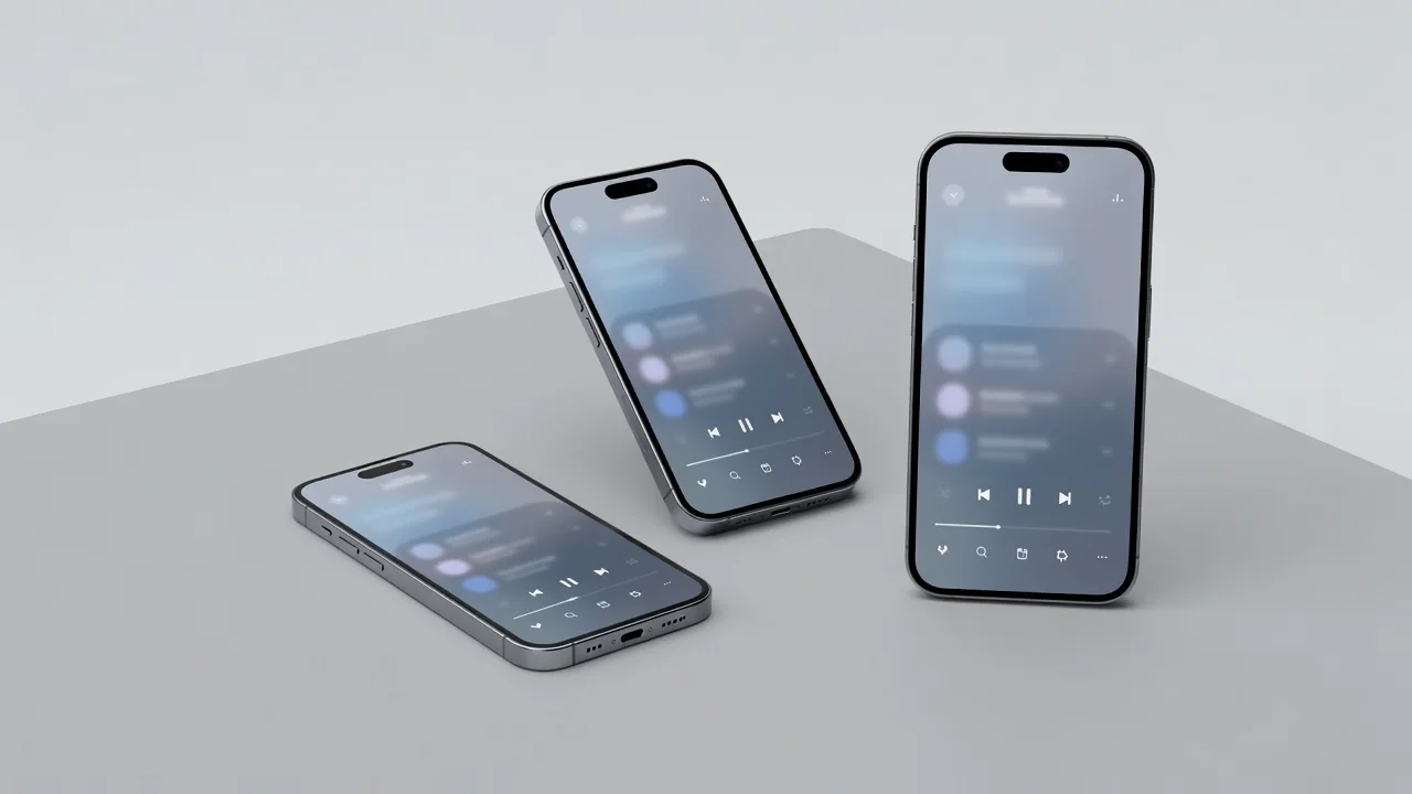Tres smartphones con apps de música sobre mesa de estudio