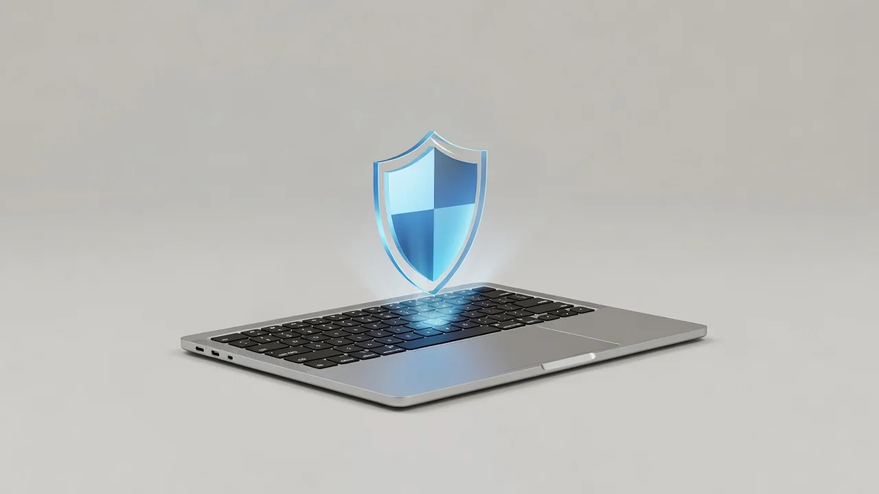 Portátil con icono de escudo de seguridad flotando sobre la pantalla
