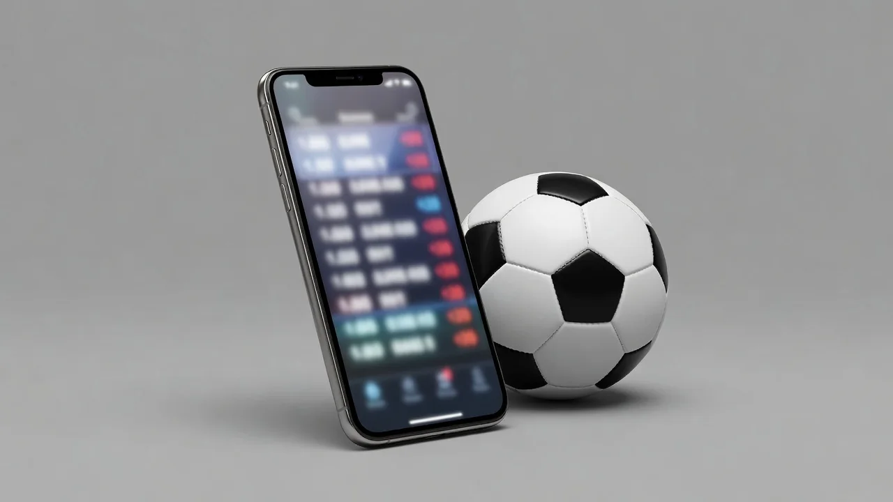Smartphone con marcador de fútbol difuminado junto a balón