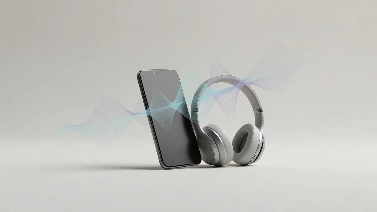 Smartphone con auriculares y ondas de sonido