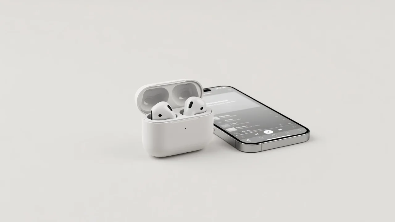 Auriculares y smartphone con icono de nube sobre fondo de estudio, detalle
