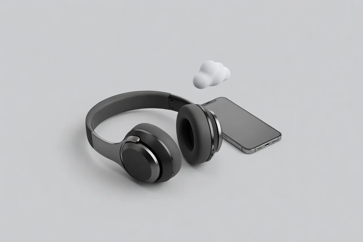 Auriculares y smartphone con icono de nube sobre fondo de estudio