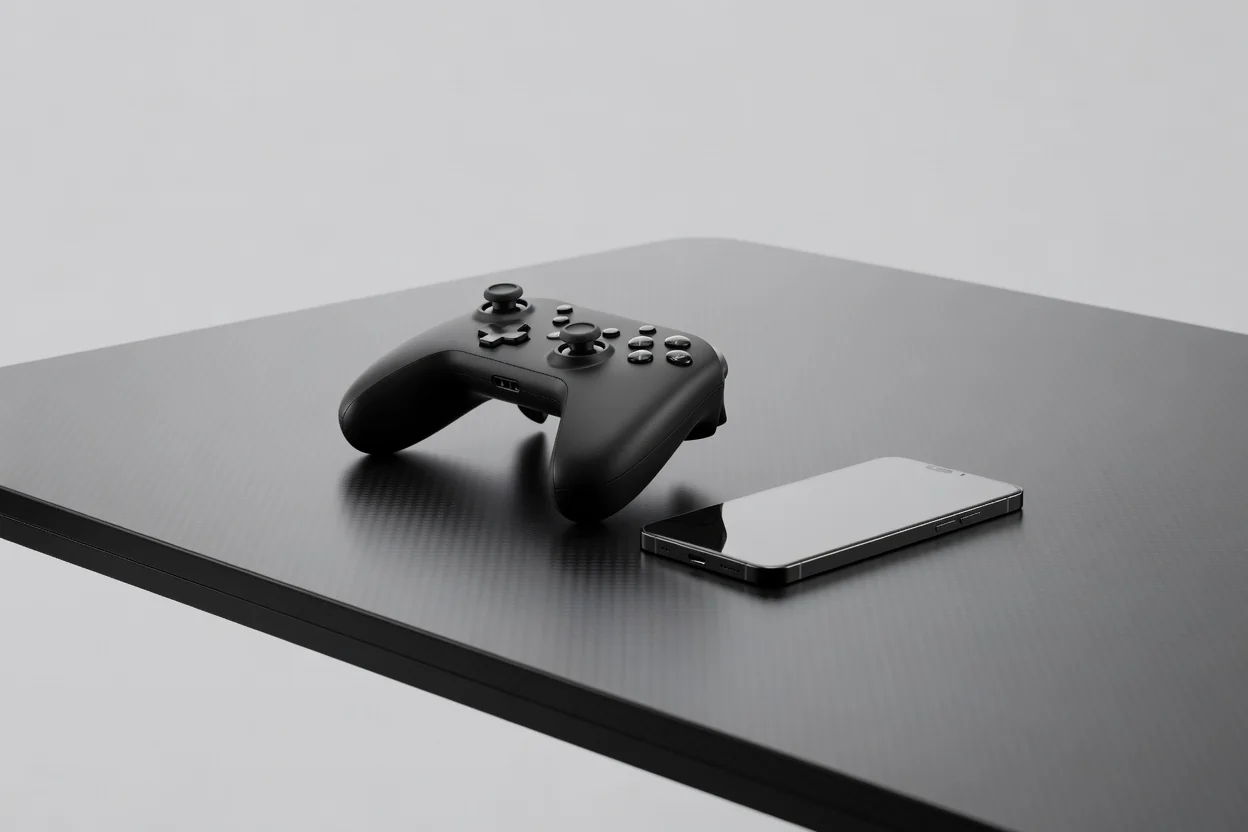 Mando gamepad junto a smartphone sobre mesa de juego