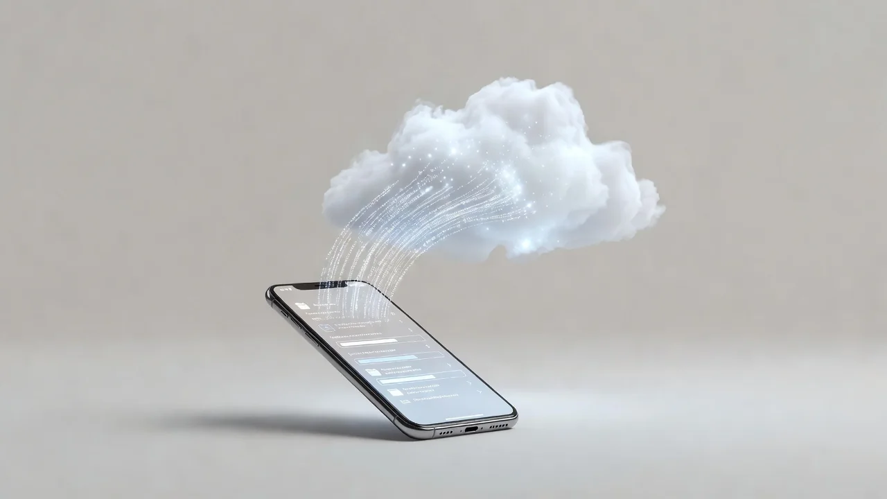 Smartphone subiendo archivos a una nube simbólica