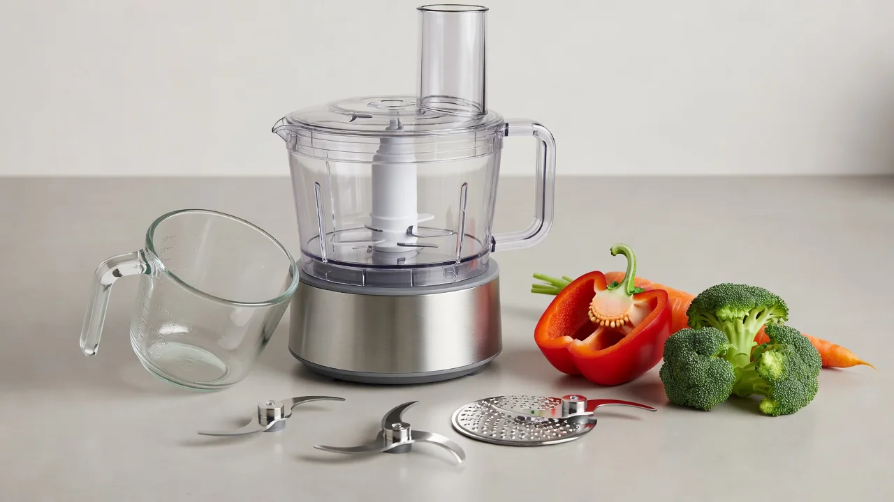 Robot de cocina multifunción sobre encimera de cocina moderna con ingredientes frescos alrededor