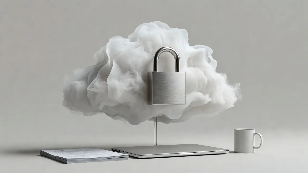 Icono de nube con candado sobre escritorio limpio