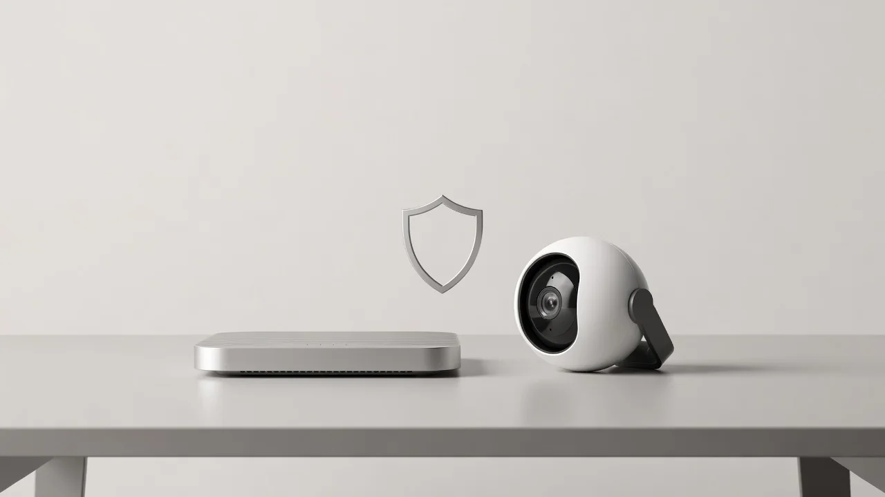 Cámara IP con escudo protector simbólico, detalle