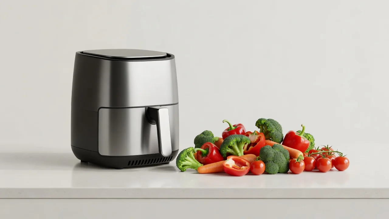 Freidora de aire moderna sobre encimera de cocina con verduras frescas al lado