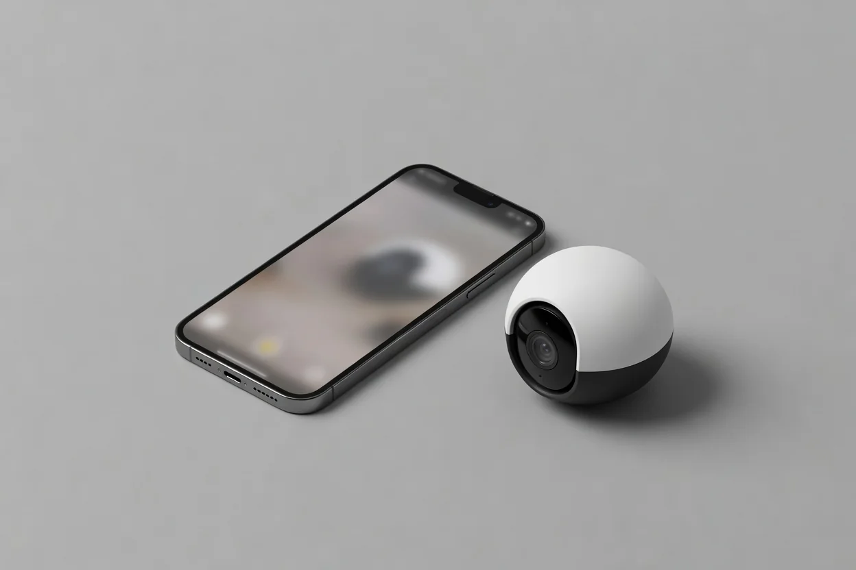 Smartphone con vista de cámara IP junto a cámara doméstica
