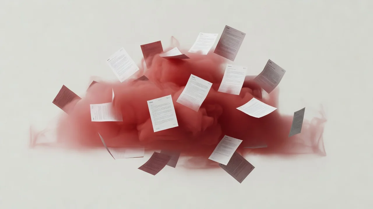 Nube simbólica roja con archivos sobre fondo neutro