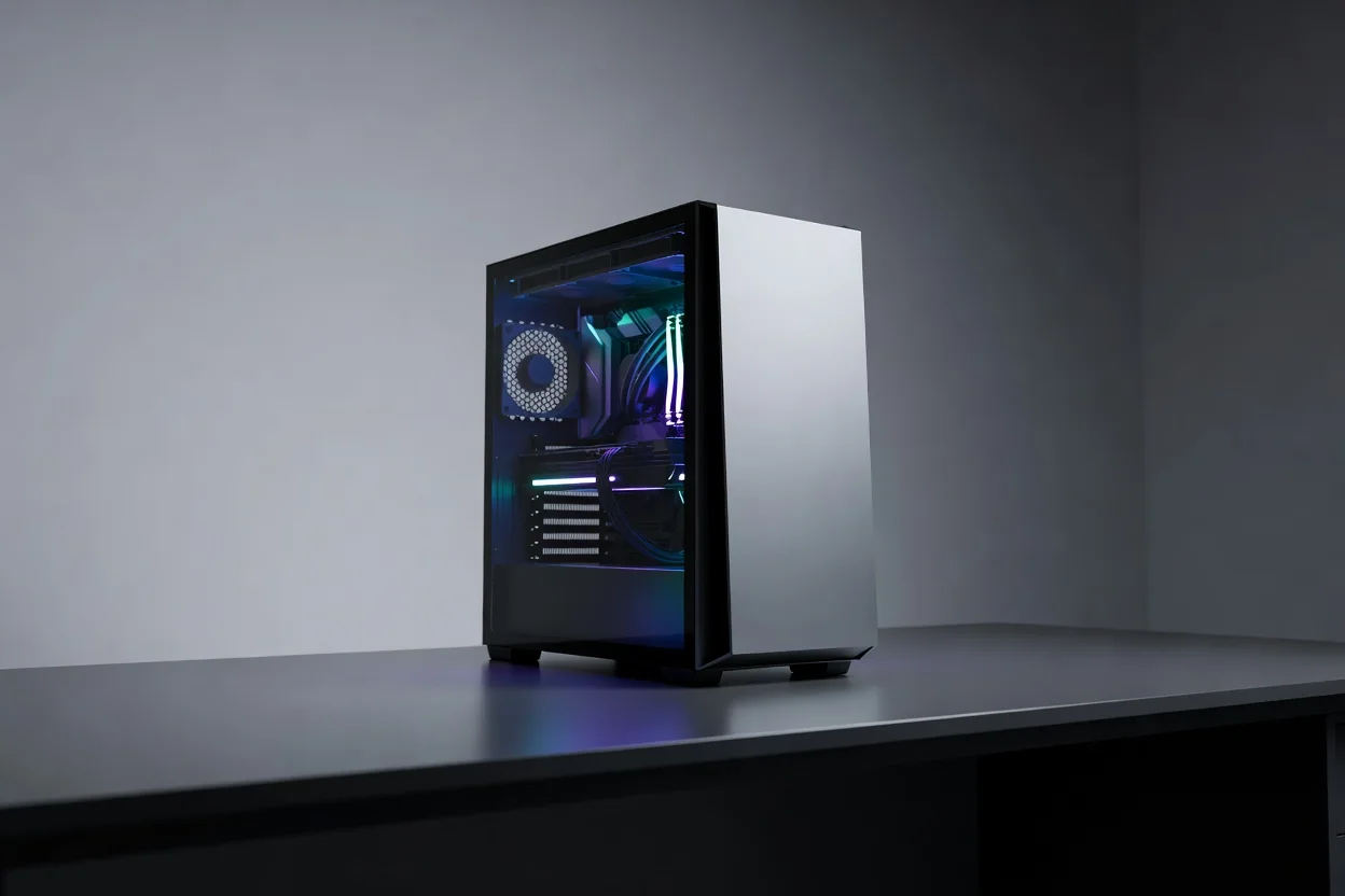 Torre de PC gaming con iluminación sobre escritorio