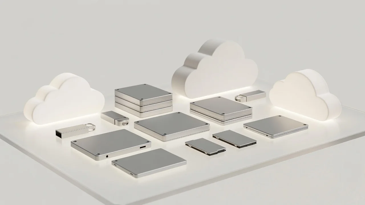 Varios iconos de nube y discos sobre mesa clara
