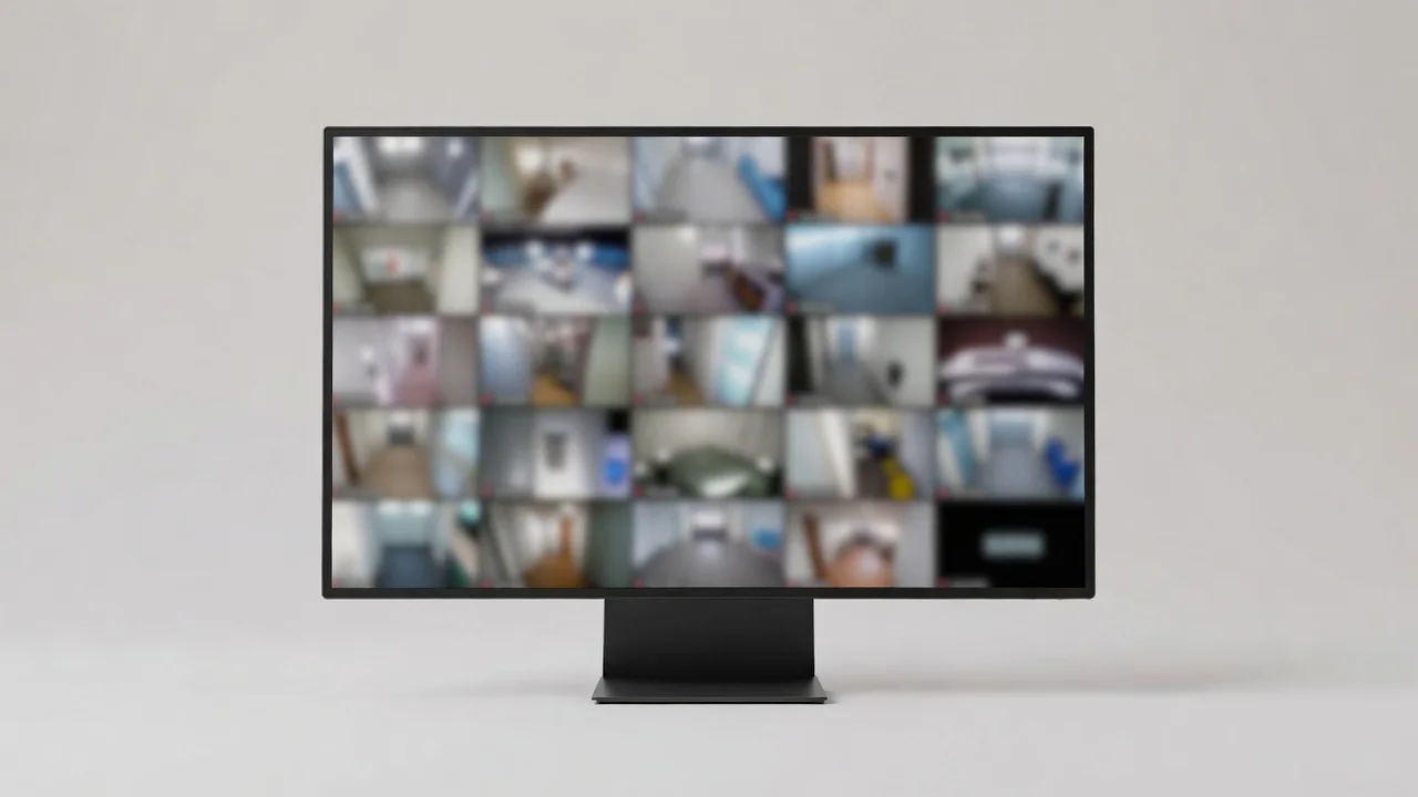 Monitor de PC con mosaico de cámaras IP difuminado