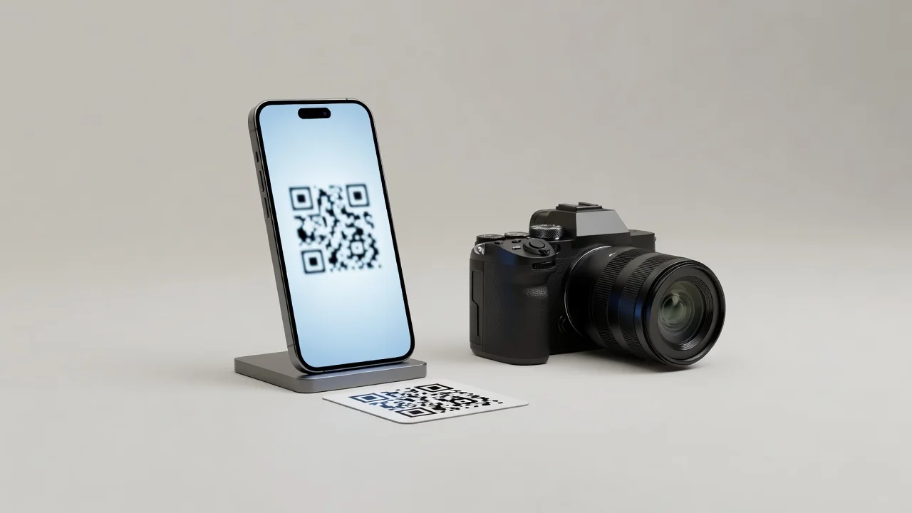 Cámara de seguridad y tarjeta con patrón QR difuminado, detalle