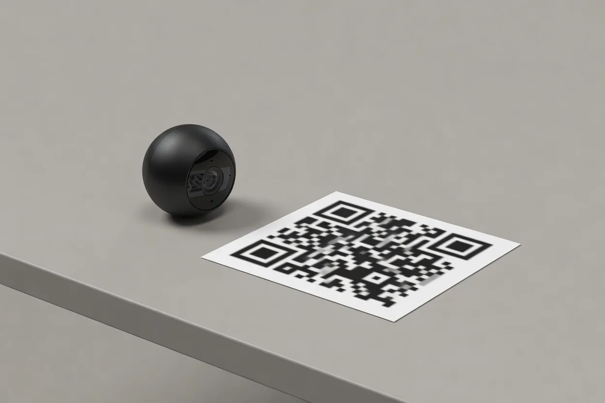 Cámara de seguridad y tarjeta con patrón QR difuminado
