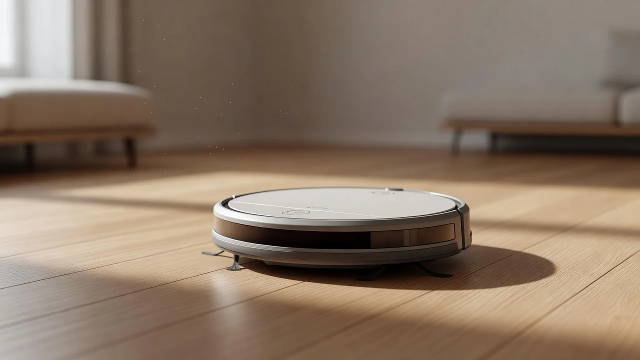 Robot aspirador redondo sobre suelo de madera en salón luminoso