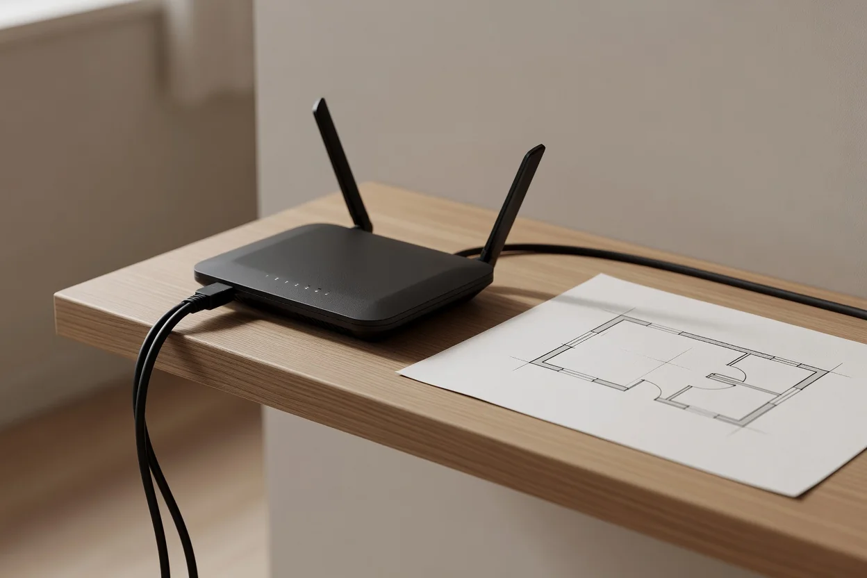 Router WiFi colocado en posición elevada en salón de casa moderna