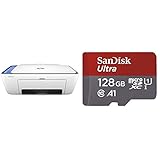 HP Deskjet 2630 – Impresora Multifunción Inalámbrica Color Blanco y Azul + SanDisk Ultra - Tarjeta de Memoria microSDXC de 128 GB con Adaptador SD, Velocidad de Lectura hasta 100 MB/s, Clase 10